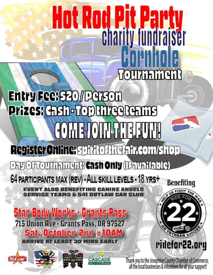 Cornhole Tournament Hot Rod Pit Party Charity Fundraiser Ride for 22 Grants Pass Oregon