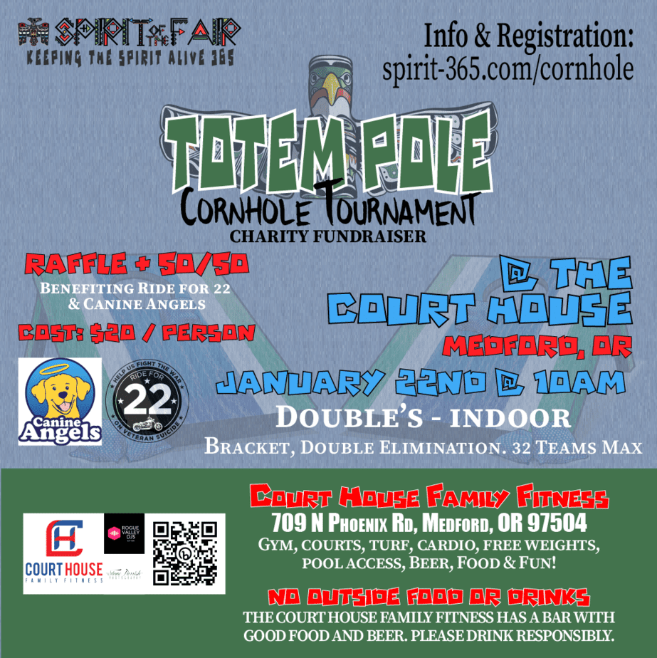 Totem Pole Charity Fundraiser Cornhole Tournament Medford Jan 22, 2022 | Spirit of the Fair