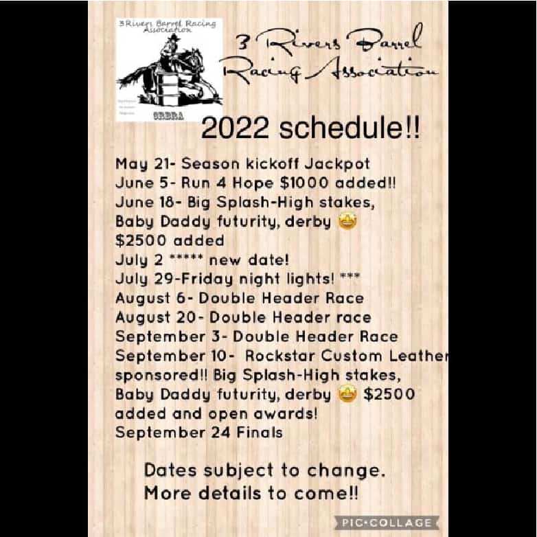 3 River Barrels Racing Association 2022 Schedule-Grants Pass