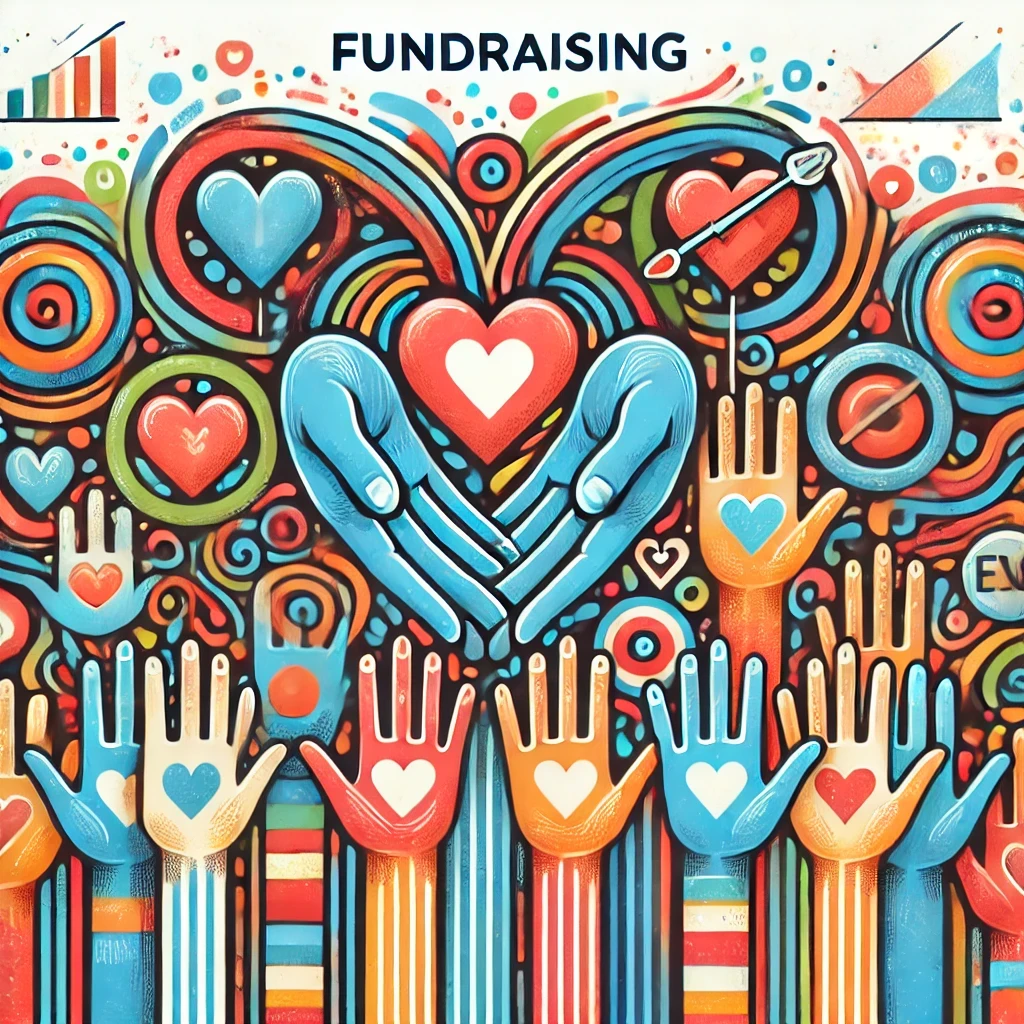 Colorful abstract artwork depicting community engagement and support through fundraising events. The image features symbolic elements such as hands, hearts, and event-related icons, highlighting themes of connection, charity, and joy in a vibrant and dynamic artistic style.